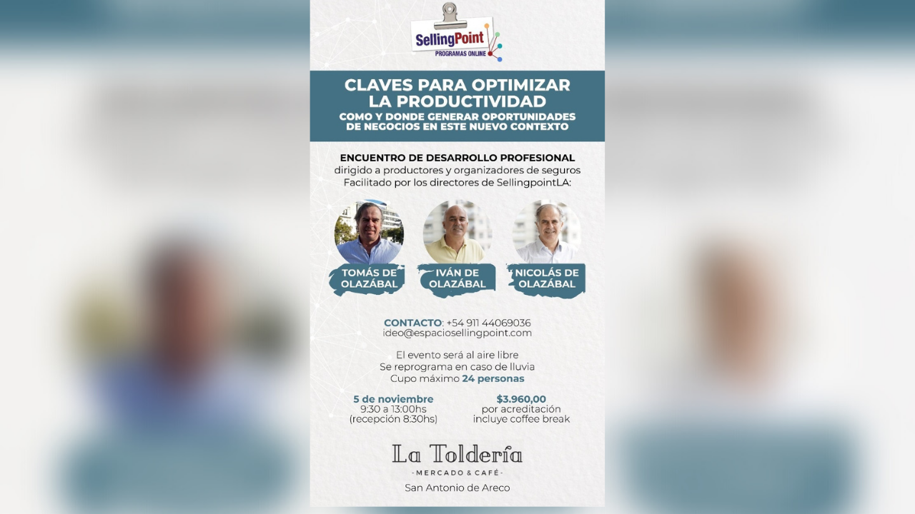 Dirigido a productores y organizadores de seguros. Fecha a realizarse: 5 de noviembre. El evento será al aire libre.